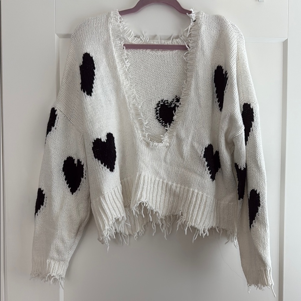 Wildfox V-Neck White and Black Heart Sweater